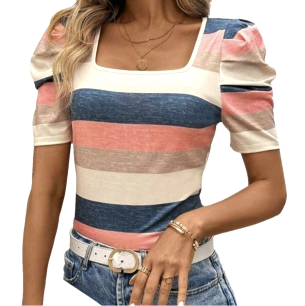 Petite Top Short Sleeve Lightweight Shirt Tops Square Necks Puff Sleeve T-shirt - Picture 2 of 5